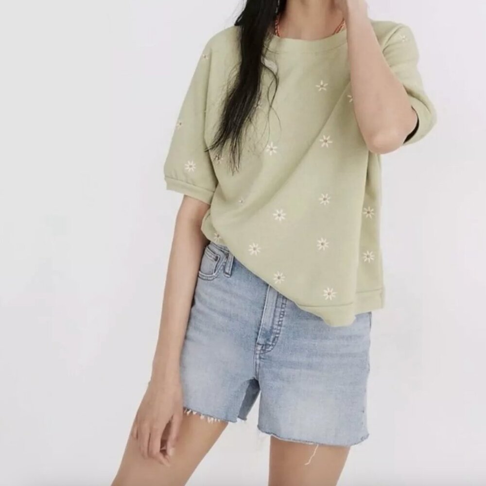 Madewell Daisy Embroidered Short Puff Sleeve Relaxed Fit Sweatshirt Size Medium